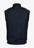 A navy blue sleeveless vest with a high collar and a smooth fabric finish, featuring a logo on the back.