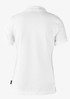 A white women's polo shirt featuring a classic design and a logo on the back.
