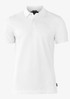 A white polo shirt featuring a collar and a branding logo on the side. Short sleeves complete the design.