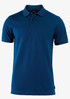 A blue polo shirt with a collar and short sleeves, featuring a logo on the side.