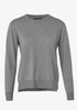 A grey knitted jumper with long sleeves and a round neckline. It features a subtle branding logo.
