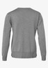 A grey knitted jumper with long sleeves and a crew neck, featuring a plain design on the back.