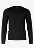 A black knitted jumper with long sleeves and a round neckline, featuring a logo on the label.