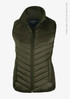 An olive green women's vest with a zippered front, featuring a quilted design and a logo on the chest.