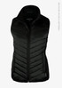 A black women's vest featuring a quilted design, high collar, and a zip front. It includes a logo on the fabric.