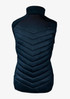 A dark navy women's vest featuring a chevron quilted pattern and a high collar. It has branding on the back.