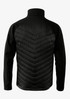 A black soft shell jacket with a textured chevron pattern on the back and a high collar. It features a logo.