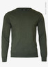 An olive green men’s jumper featuring a crew neck and long sleeves, made from organic cotton.