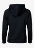 A black women's hoodie featuring a spacious hood and long sleeves, with a plain design on the back.