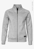 A grey zip-up jacket made from organic cotton, featuring two front pockets and a subtle logo.