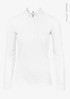A white long-sleeved polo shirt for women made from organic cotton, featuring a collar and a logo.