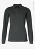 A women's long-sleeve polo shirt in dark grey, featuring a collar and front buttons, with branding present.