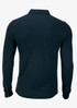 A dark navy blue polo shirt with long sleeves and a buttoned cuff, featuring a logo on the chest.