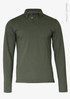 An olive green long-sleeved polo shirt made of organic cotton with a collar and a logo.