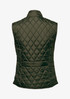 A green quilted vest with a back pocket and a collar, featuring a logo. Suitable for layering.