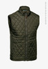 A green quilted vest with a front zipper, designed from recycled nylon and polyester, features a branding logo.