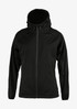 A black soft shell jacket featuring a hood, zippered front, and a logo on the upper left side.