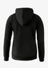 A black hoodie featuring a hood and long sleeves, showcasing a simple and minimalist design from the back.