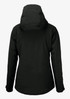 A black women's jacket featuring a hood, with a sleek and minimalistic design. It has a logo on the back.