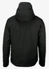 A black puffer jacket with a hood, featuring a logo on the back. Suitable for cold weather.
