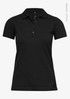 A black women's polo shirt with a collar, short sleeves, and a brand logo. Made from organic cotton.