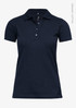 A navy blue women's polo shirt made from organic cotton, featuring a classic collar and button detail.