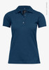 A navy blue women's polo shirt with a collar and buttons, featuring a logo. Made from organic cotton.