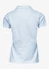 A light blue polo shirt with short sleeves and a collar, featuring a logo. The view is from the back.