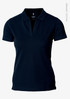 A navy blue women's polo shirt with a V-neck design and a logo on the side. Made from organic cotton.