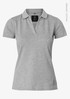 A women's grey V-neck polo shirt made from organic cotton, featuring a collar and a logo.