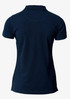 A navy blue women's polo shirt with a V-neck and short sleeves. The back view is depicted.