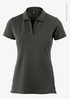 A dark grey women's V-neck polo shirt made from organic cotton, featuring a collar and a fitted design.