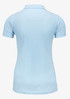 A light blue women’s polo shirt featuring a classic V-neck and short sleeves, with a logo on the back.