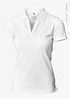 A white women’s polo shirt with a v-neck design and a logo. Made from organic cotton material.
