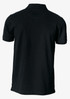 A black polo shirt featuring a collar and short sleeves, with a logo on the back.