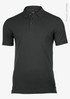 A dark grey polo shirt featuring a collar and short sleeves, with a logo on the side.
