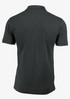 A dark grey polo shirt with short sleeves featuring a collar and a logo.