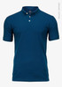 A dark teal polo shirt with a classic collar and short sleeves, featuring a logo on the chest.