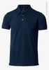 A navy blue polo shirt featuring a collar, buttons, and a logo on the side. Made from organic cotton.