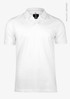 A white polo shirt with a classic V-neck design, made from organic cotton and featuring a logo.