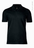 A black V-neck polo shirt made from organic cotton, featuring a simple design and short sleeves.
