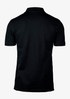 A black men’s polo shirt featuring a classic V-neck design and short sleeves, with a logo on the chest.