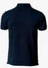 A navy blue polo shirt with short sleeves and a collar, featuring a logo on the back.