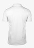 A white v-neck polo shirt featuring a classic fit and a logo on the front, designed for men.
