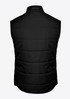 A black padded men's vest featuring a sleeveless design and a back view. It includes a branding logo.