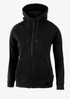 A black hooded women's jacket with a front zipper and two pockets, featuring a logo.