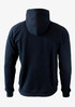A dark navy hoodie with a back view, featuring a hood and a minimalist design. It has a branding logo.
