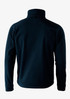 A dark navy soft shell jacket with a high collar, featuring a logo on the back.