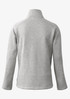 A polar fleece jacket in grey, featuring a high collar and long sleeves. It has a logo on the back.