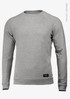 A grey sweatshirt featuring long sleeves and a crew neck, with a small logo on the lower section.
